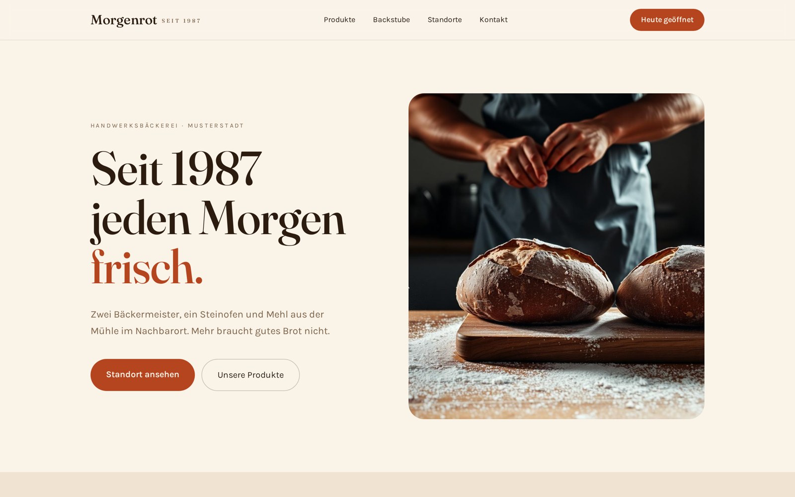 Bildschirmaufnahme der Beispielwebsite Bäckerei Morgenrot