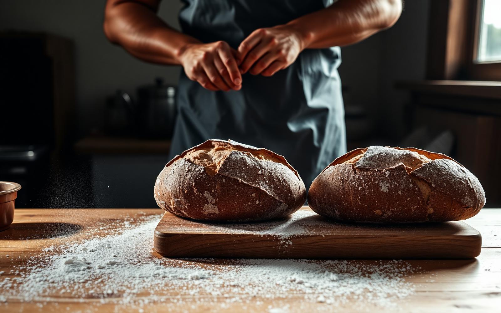 Frisch gebackene Sauerteigbrote auf einem Holzbrett