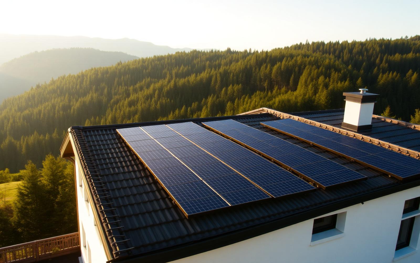 Photovoltaikanlage auf einem Dach im Abendlicht