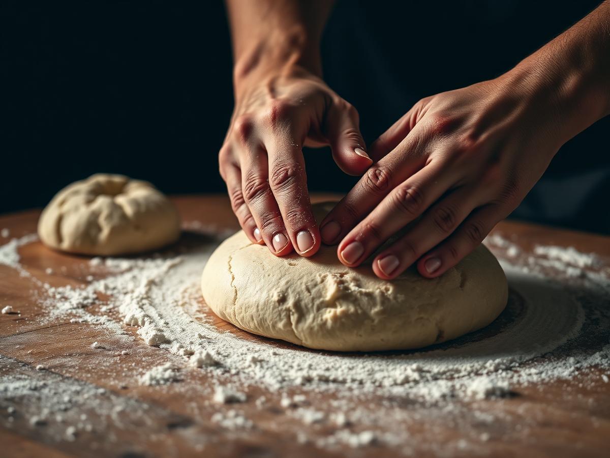Hände formen Sauerteig auf einem bemehlten Holztisch